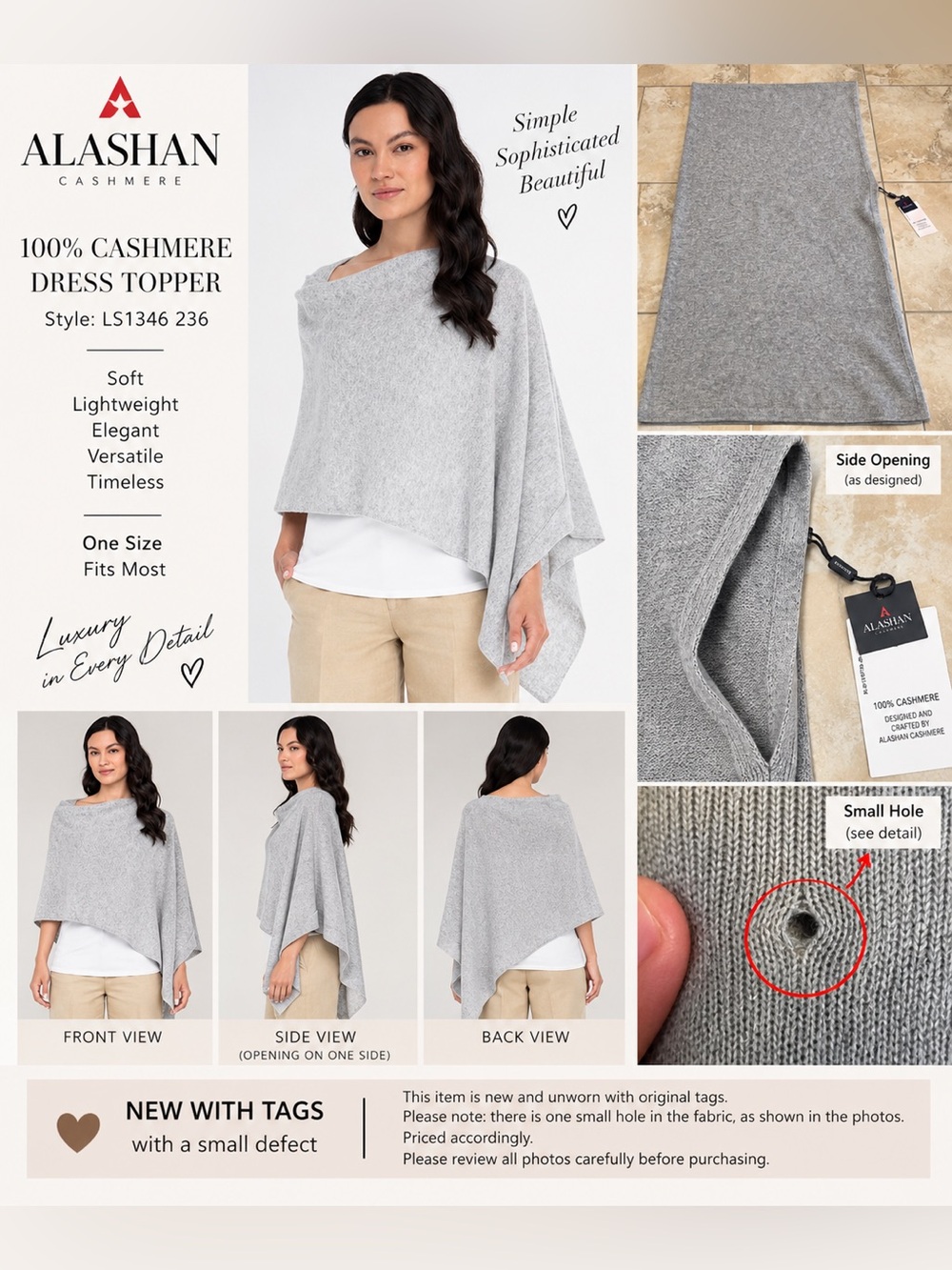 Alashan Cashmere Women’s 100% Cashmere Dress Topper Gray One Size NWT Flaw